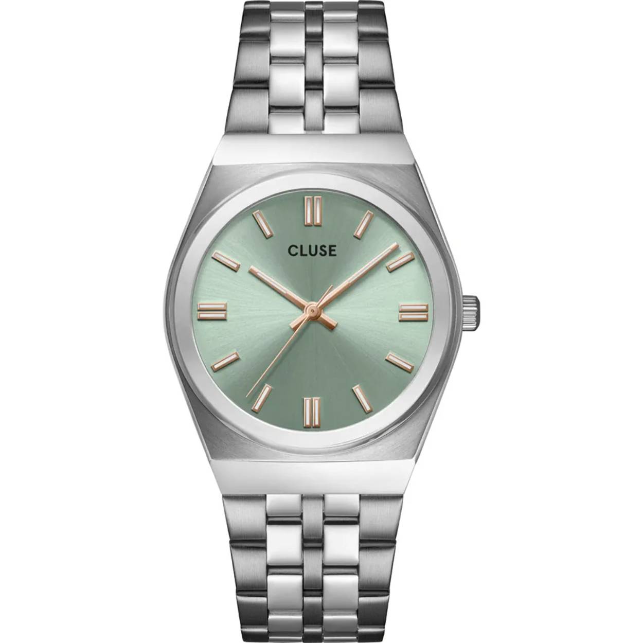 CLUSE  Retro 70's Watch Steel, Sage Green, Silver Colour.
Dit Cluse horloge heeft een kast gemaakt van Roestvrijstaal met een diameter van 33 mm en is voorzien van een metalen band. In de kast bevindt zich een Seiko kwaliteitsuurwerk en is afgewerkt met Mineraalglas.

Het horloge is 5ATM. Dit betekent dat het horloge geschikt is om mee te douchen. Verder wordt het horloge geleverd met 2 jaar garantie.