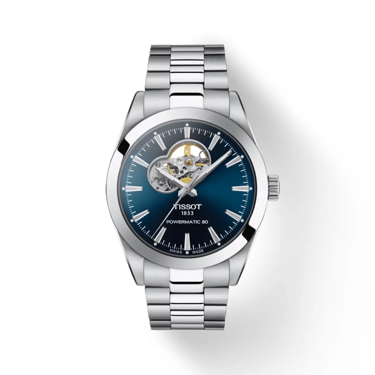 Dit automatisch Tissot Gentleman heren horloge met open hart, T1274071104101, biedt een elegante zilverkleurige roestvrijstalen kast van 40mm, een blauwe wijzerplaat met strepen, analoge weergave, automatisch Zwitsers uurwerk en waterbestendigheid tot 10 ATM. Ideaal voor dagelijks gebruik of speciale gelegenheden.