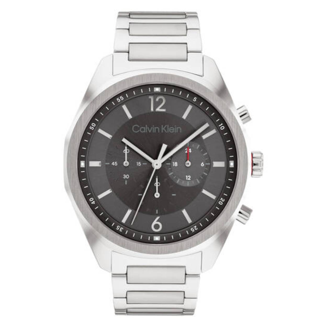 Dit Calvin Klein horloge behoort tot de Force collectie.
Referentienummer: 25200264

Dit zilverkleurige horloge heeft een stalen kast en band. De grijze wijzerplaat is goed afleesbaar door de zilveren wijzers en indexen. Het horloge is waterbestendig tot 3atm en wordt afgeschermd met mineraalglas.