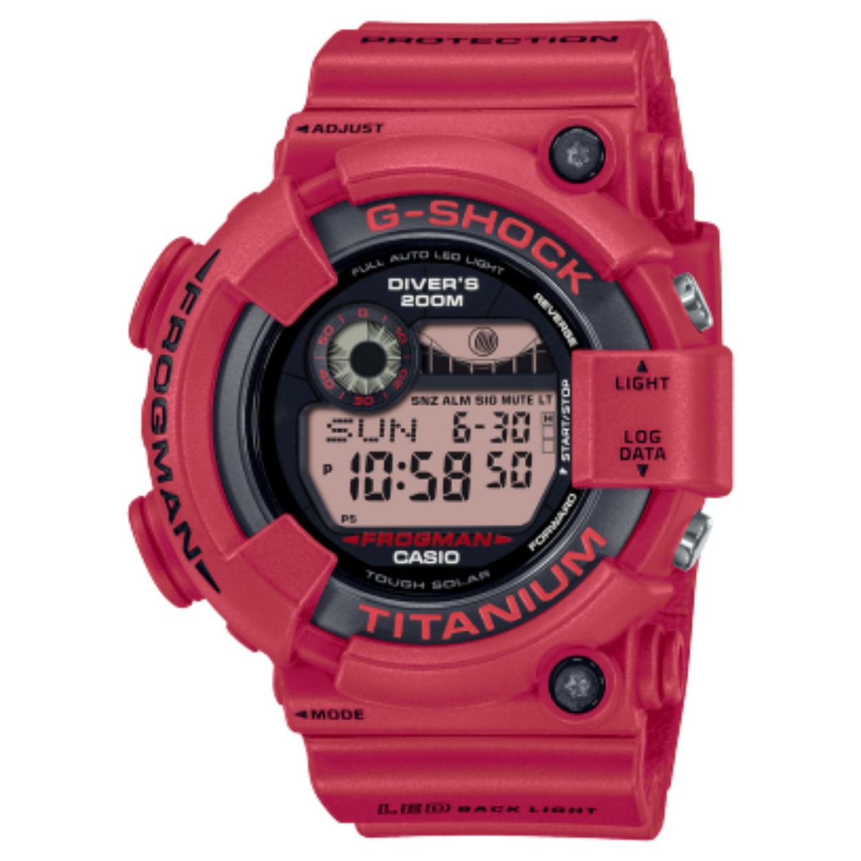 Beleef het 30-jarige jubileum van de G-SHOCK Master uit de G FROGMAN-serie volwaardige duikhorloges met ISO-conforme waterdichtheid tot 200 meter. Dit horloge bevat het gewaagde ontwerp van de DW-8200NT uit 2000: de iconische asymmetrische FROGMAN-vorm met opvallende rode band, rand en LCD-scherm. Dit herontwerp is meer dan alleen een retroversie, aangezien er ook is gedacht aan het verkleinen van de ecologische voetafdruk. Milieuvriendelijke harsen op biologische basis zijn gebruikt in de rand en band, en de Tough Solar-functie maakt gebruik van een zonnepaneel dat speciaal is ontworpen voor de vorm van de DW-8200-wijzerplaat. Voor dit zeer speciale ontwerp ter ere van het 30-jarig jubileum is de populaire duikende kikker, die zo bekend is onder FROGMAN-fans, gegraveerd op de achterkant van de kast. 