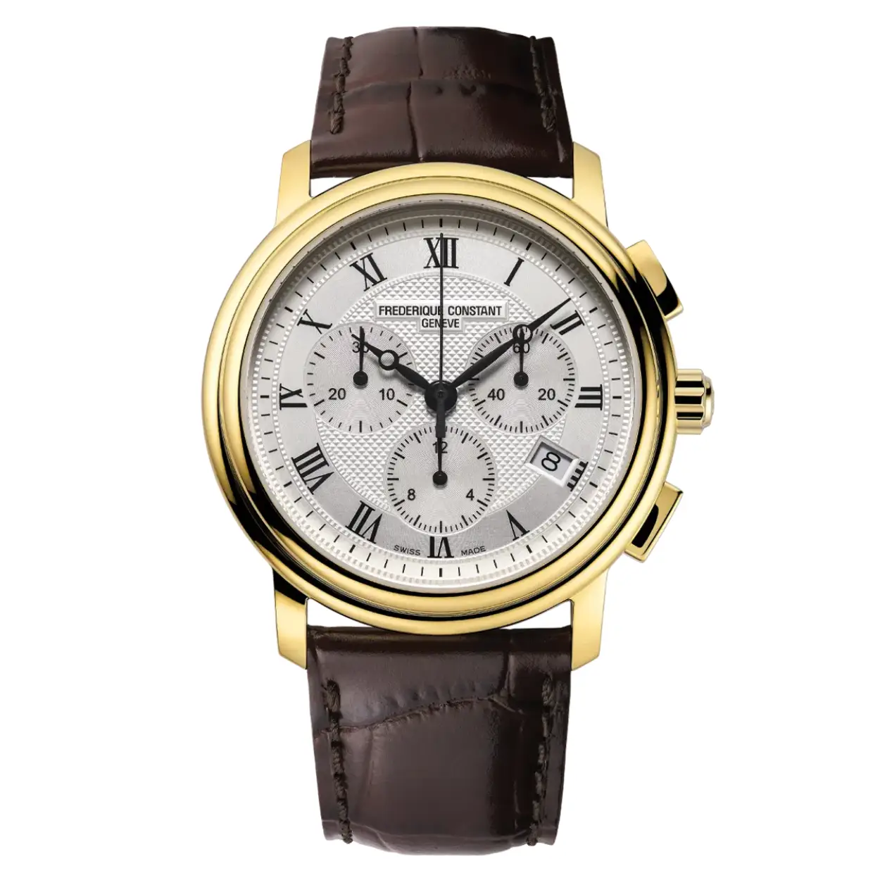 De Classics Quartz Chrono kenmerkt zich door tijdloze elegantie, benadrukt door Romeinse cijfers en een nauwkeurige datumweergave. De roestvrijstalen kast geeft het horloge een robuuste uitstraling, terwijl het krasbestendige saffierglas het hoogwaardige vakmanschap benadrukt.

Frederique Constants streven naar betaalbare luxe komt tot uiting in dit herenhorloge. De combinatie van een nauwkeurig quartz-uurwerk, een lange batterijduur en een klassiek design maakt de Classics Quartz Chrono een betrouwbare metgezel voor elke gelegenheid.