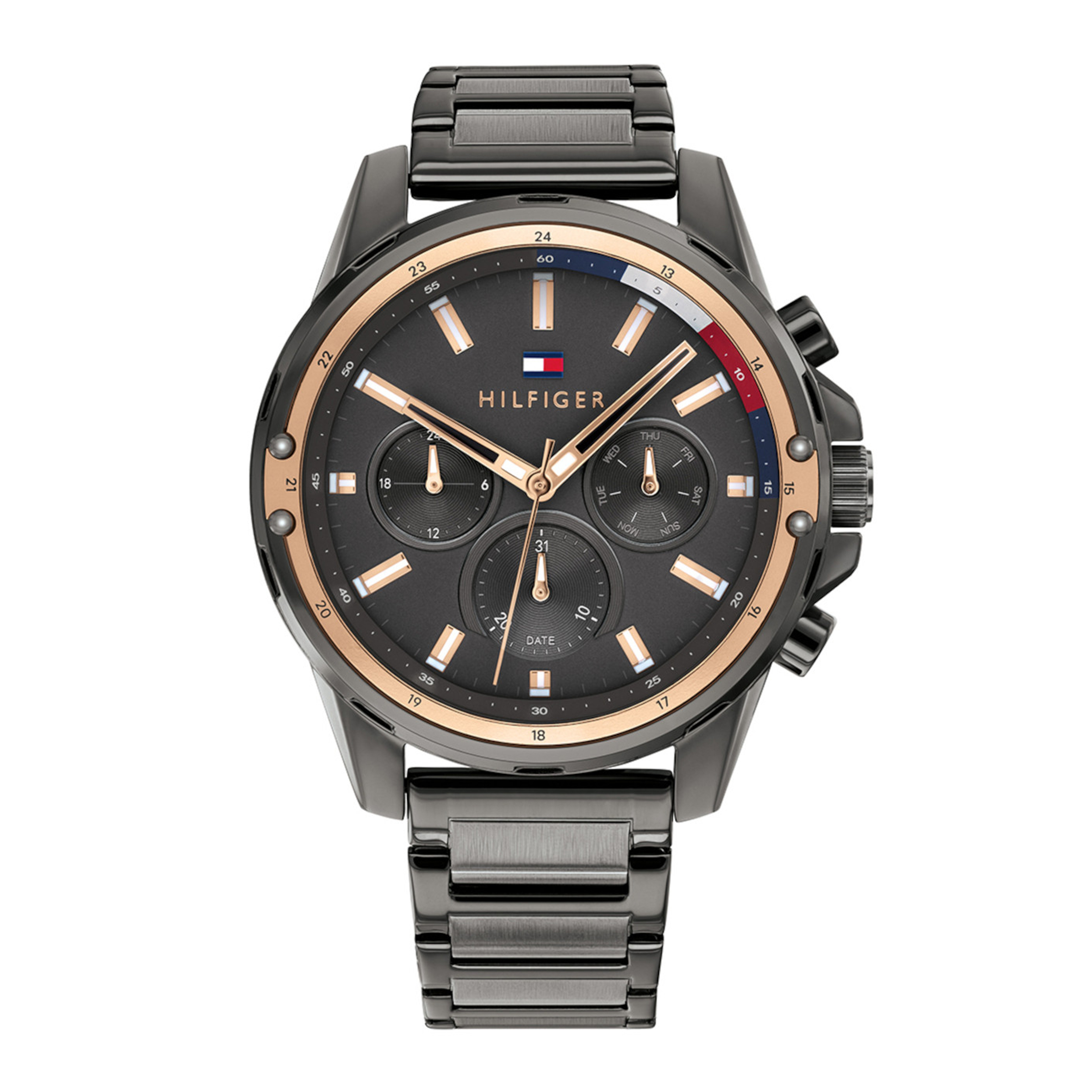 Here Horloge met zwarte wijzerplaat en zwartkleurige roestvrij stalen schakel band.
