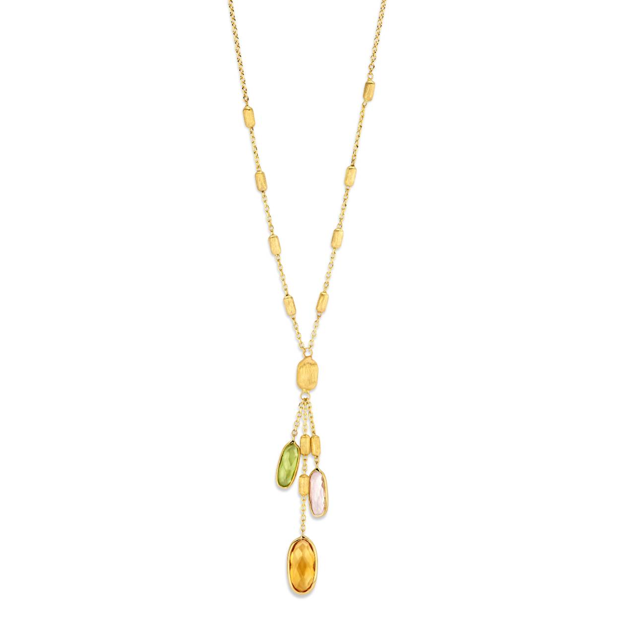 Geelgouden collier van 18KT met citrine, peridot en kwartz rosé.
