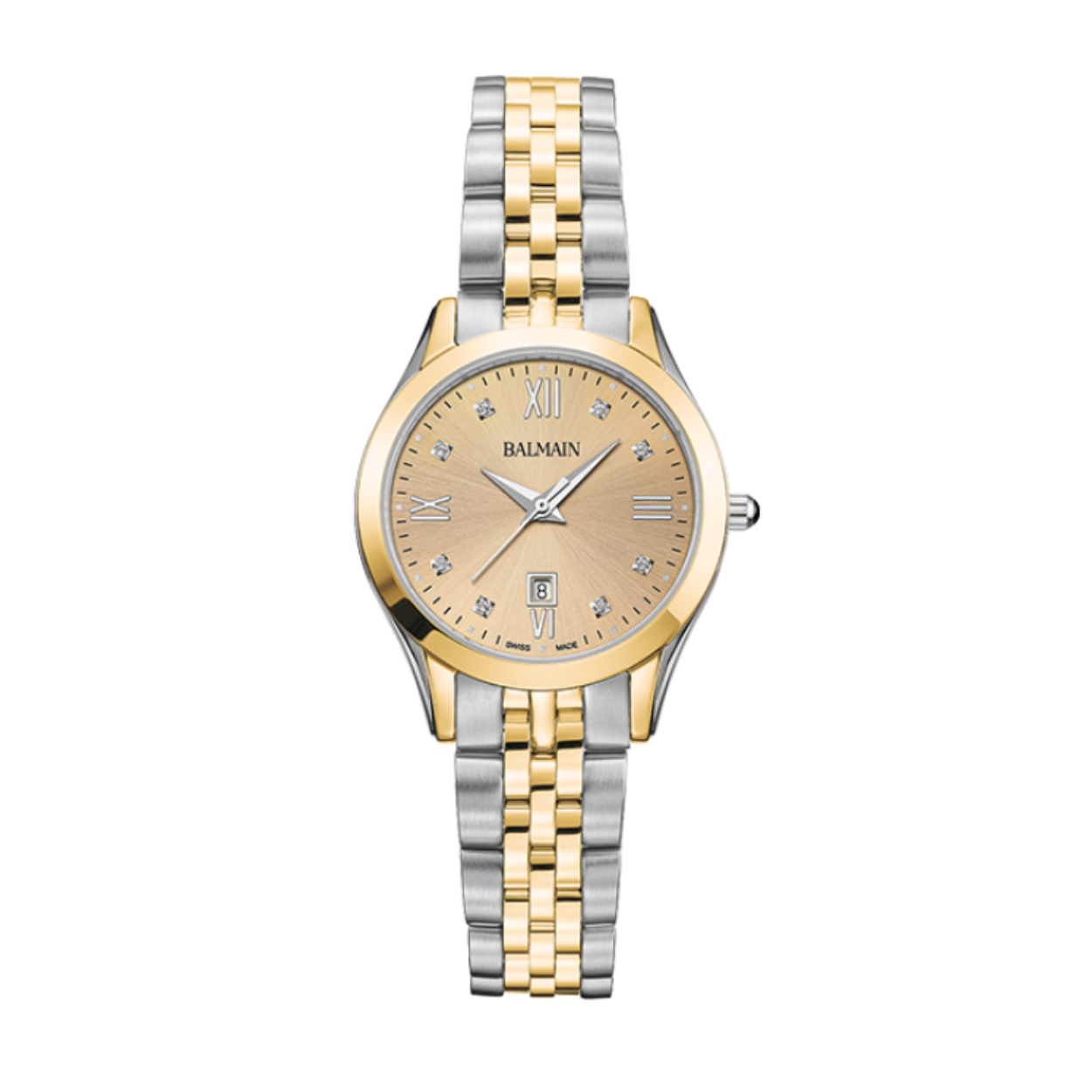 Horloge van Balmain met een goudkleurige wijzerplaat en een bicolor stalen bandje.