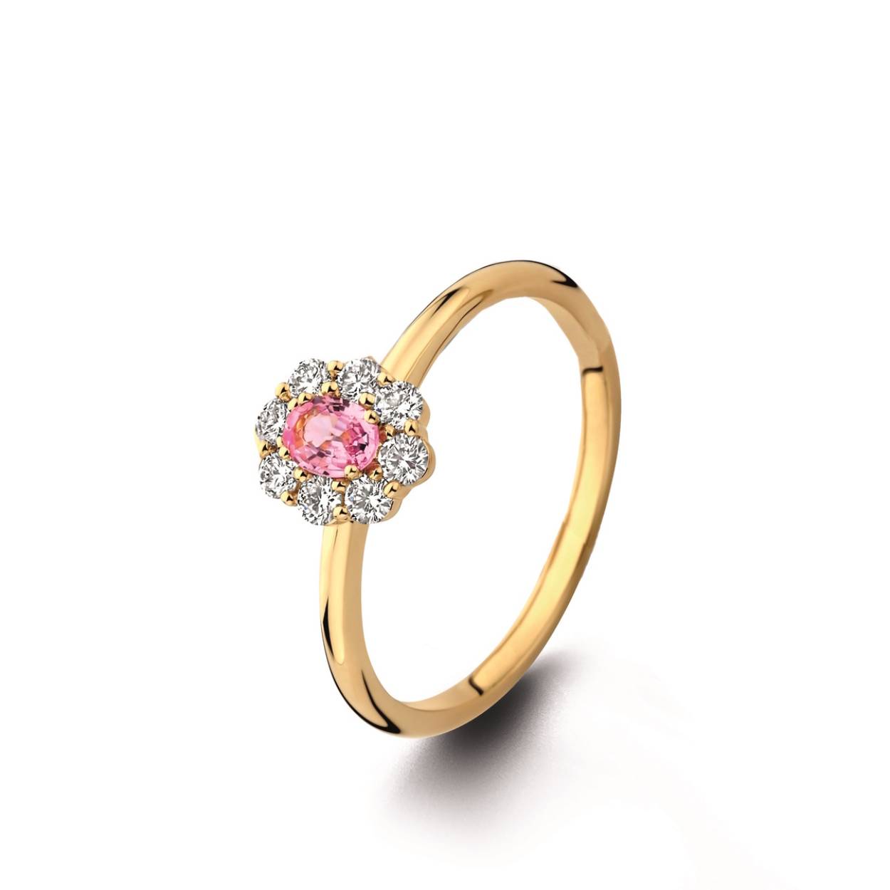 Ring geel goud met diamanten en rose saffier