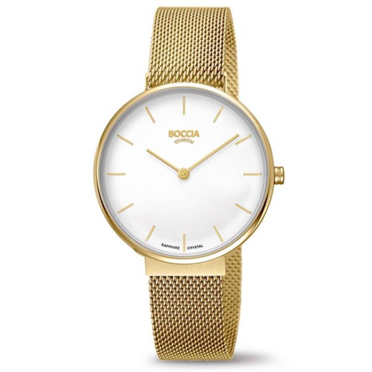 Boccia Titanium-Damenuhr im modischen Minimal-Design. Das superflache goldplattierte Geh&auml;use mit einem extra gro&szlig;en Durchmesser von 35 mm besteht aus antiallergischem Rein-Titan und besitzt eine polierte L&uuml;nette, w&auml;hrend der Rest des Geh&auml;uses fein satin-mattiert ist. Die polierten goldfarbenen Zeiger und aufgedruckten Indizes heben sich deutlich vom Zifferblatt ab. Das hautfreundliche und atmungsaktive Milanaise-Uhrband aus gelbgold-beschichtetem Edelstahl besitzt eine kompakte Clipschlie&szlig;e mit Sicherungsb&uuml;gel. 