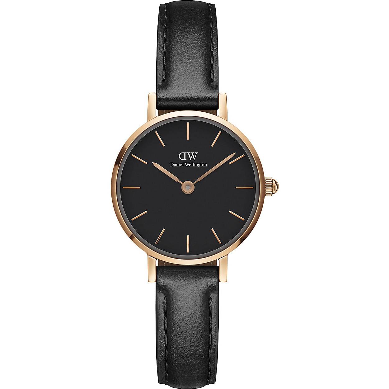 Rose Gouden Daniel Wellington Horloge met een zwarte leren band.
Kast is 6 mm dik en 24mm rond