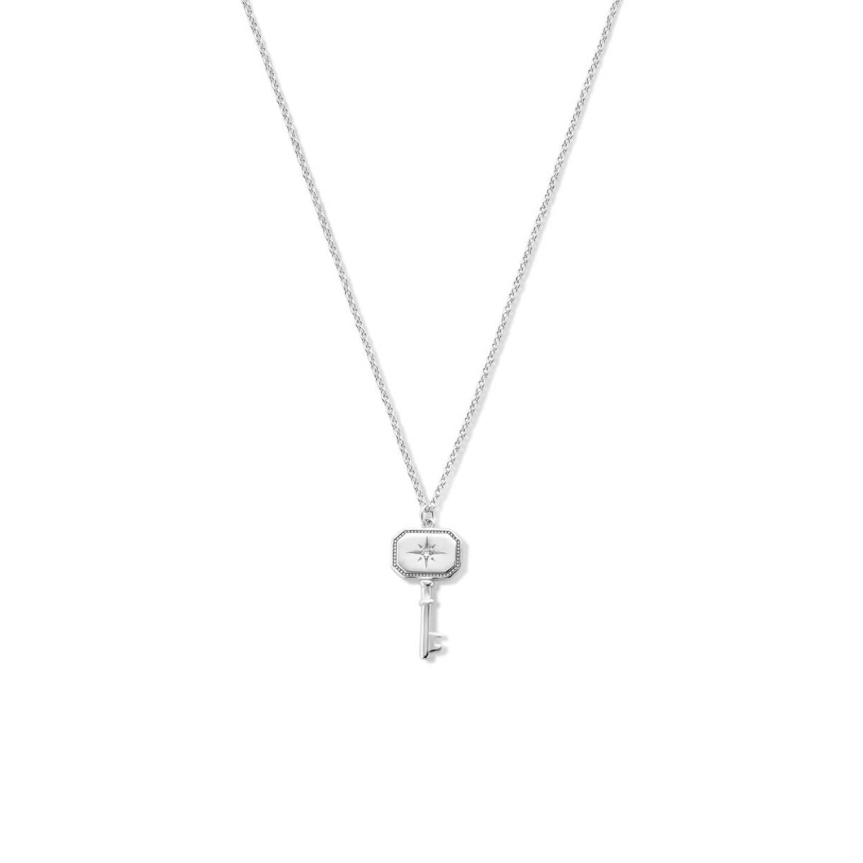 Gerhodineerd 925 zilveren collier uitgevoerd met een sleutel eneen karabijn sluiting. Het collier heeft een draaglengte van 41cm met een extensie van 4cm.