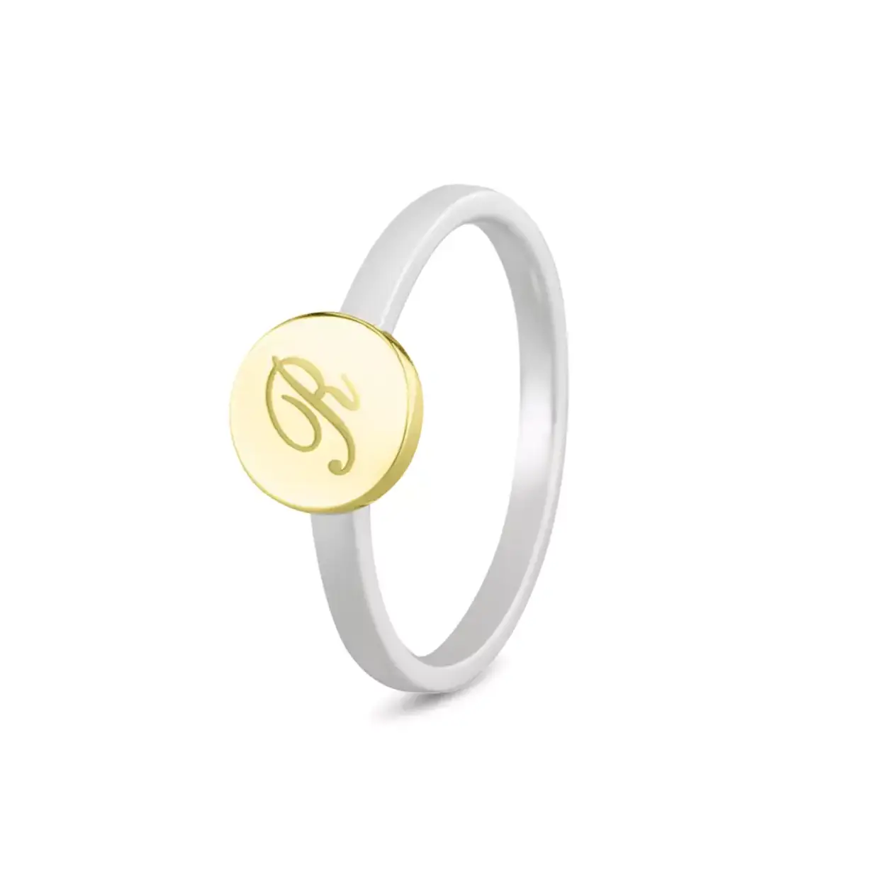 Graveer disk ring, bi-colour. De gewenste gravure wordt op het sieraad gelaserd. Denk bijvoorbeeld aan een vingerafdruk, intiaal, pootafdrukje of handafdrukje.