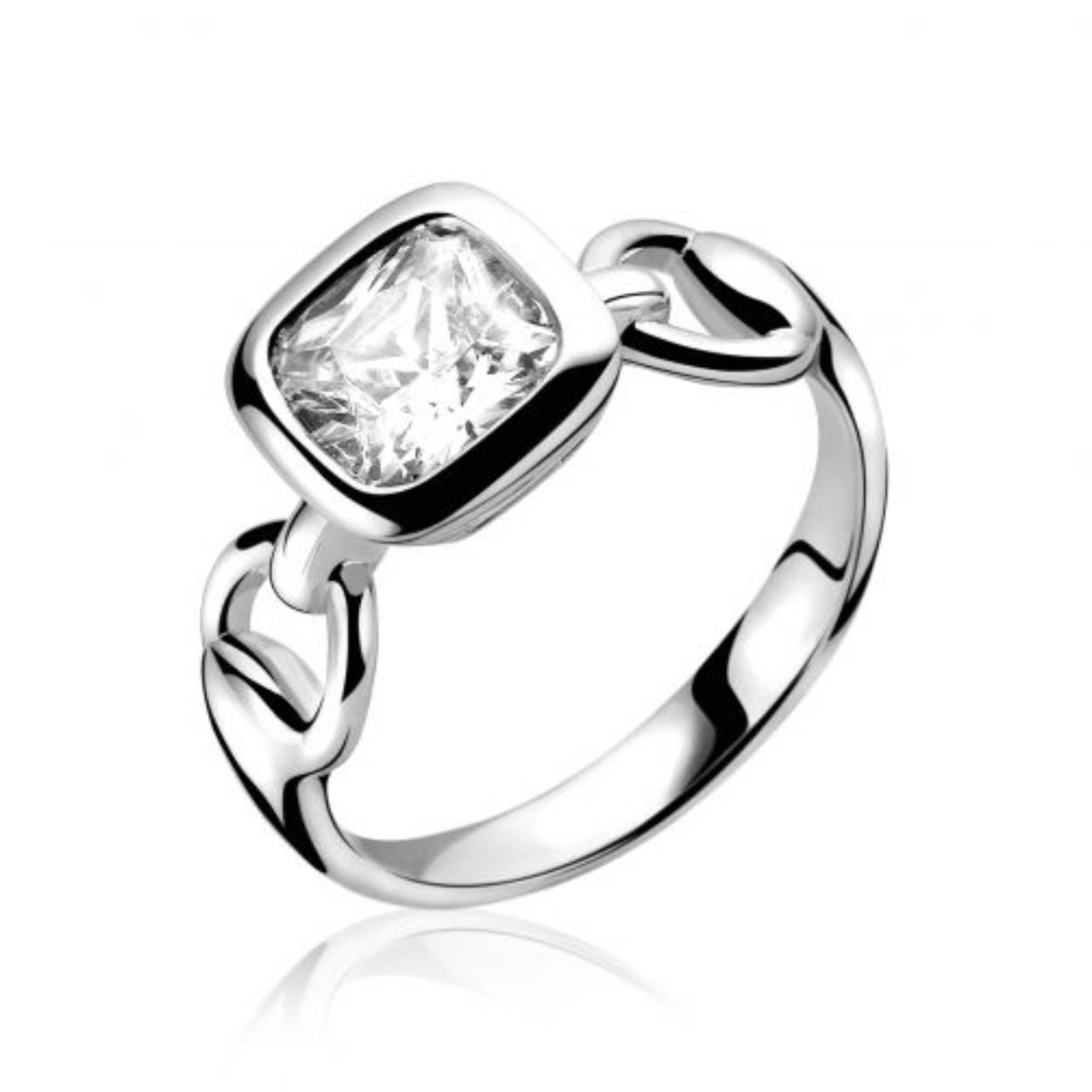 ZINZI zilveren ring met witte vierkante zirconia. De ring gaat helemaal in zijn tijd mee door het horsebit design en mag daarom dit seizoen niet in je sieradencollectie ontbreken!
