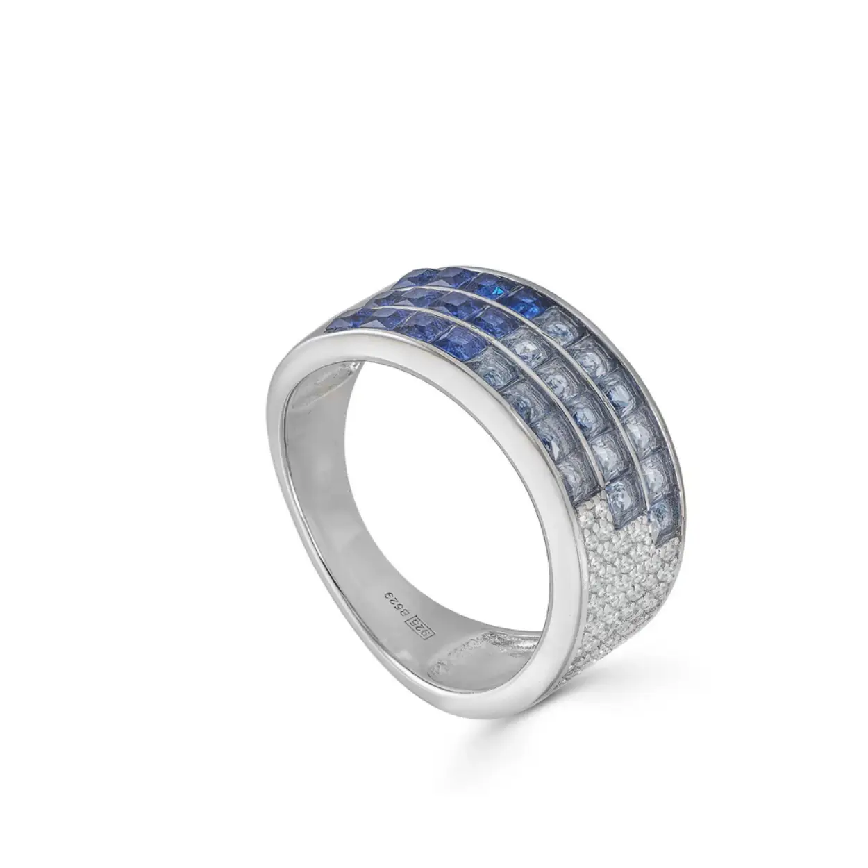 Rings with silver stones triple rail with gems in blue tones for women. Silver ring formed by three rails, half of multicolored zirconia in emerald cut, in shades of azurite, chalcedony and light blue and the other half of white zirconia . Combine it with the matching earrings and pendant and get a total look, you will shine!