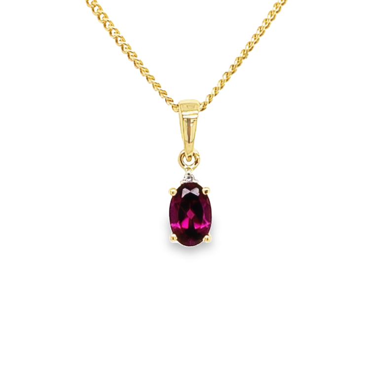 Deze geel gouden hanger bevat een schitterende Rhodolite. De kleursteen is gezet tussen vier gouden zetpoten met daarboven een klein diamantje. Een prachtige subtiele hanger voor een kleurrijke gelegenheid.

Note: het kettinkje hoort niet bij de hanger, deze is enkel gebruikt voor de foto.