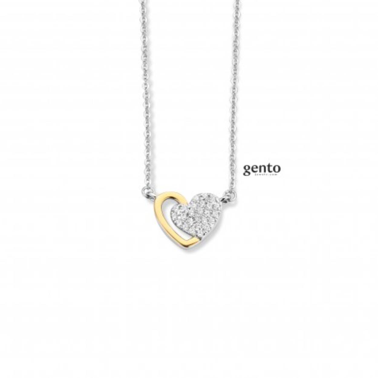collier in zilver met stukje verguld en bezet met witte steentjes