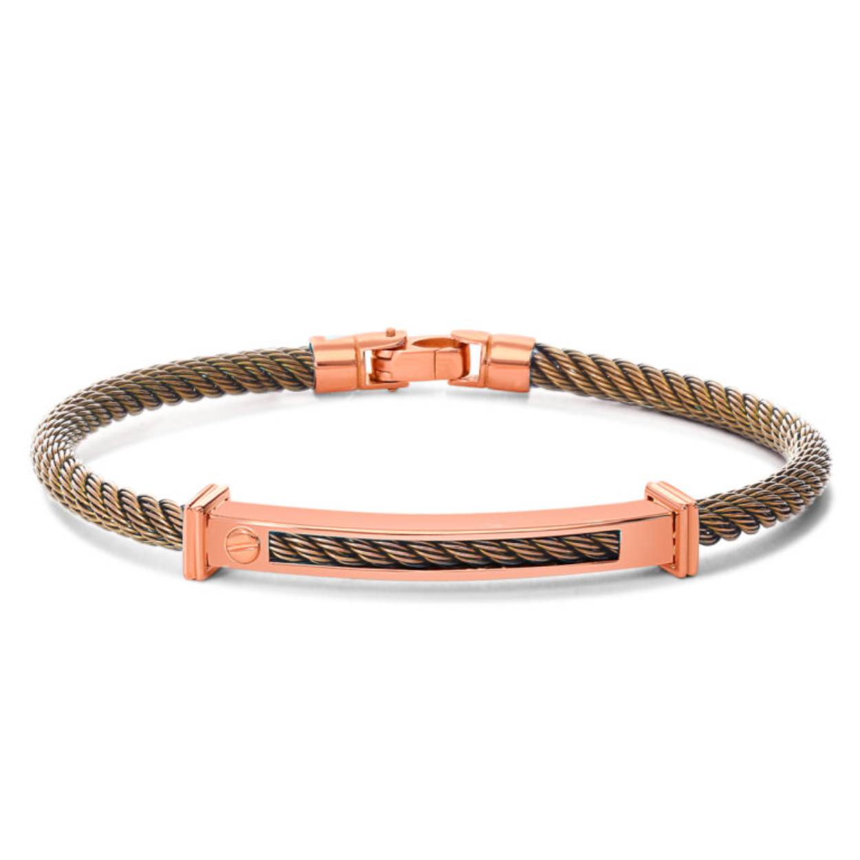 Ontdek de moderne elegantie van de Bespoke JH Brummer Rose Gouden Heren Armband. Vervaardigd met een unieke combinatie van rose goud en bruin staal, straalt deze armband stijl en verfijning uit, perfect voor elke gelegenheid.