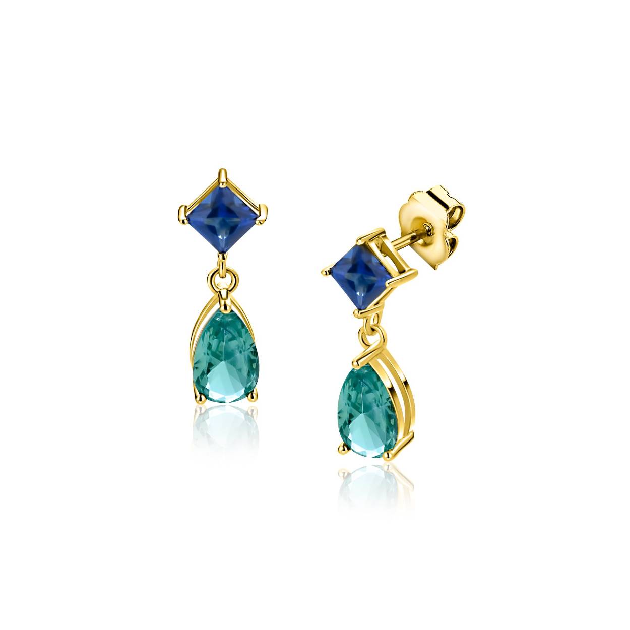 ZINZI gold plated zilveren oorstekers met turquoise peer en blauwe ruitvorm (17,5mm). Vervaardigd van eerste gehalte zilver (925) en extra geel verguld.
