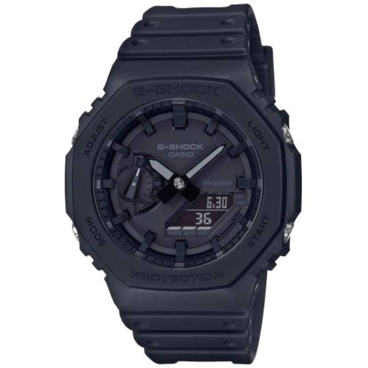 Deze stoere G-SHOCK is volledig zwart zonder gekleurde details.
Het merk G-SHOCK staat er om bekend dat de horloges een schokbestendige constructie hebben die beschermt tegen schokken en trillingen. 
Functies van dit horloge bevatten onder andere een Neo-display, wereldtijden, stopwatchfunctie (tot 24 uur), timer (tot 24 uur), 5 alarmen per dag, automatische kalender en 12/24-uurs weergave.
De wijzerplaat word beschermt door mineraalglas en het horloge loopt op een batterij. U kunt vrij duiken zonder scuba-uitrusting met dit horloge, hij is namelijk waterbestendig tot 20 bar.
De behuizing is van carbon-harsmix en de band bestaat uit resin.