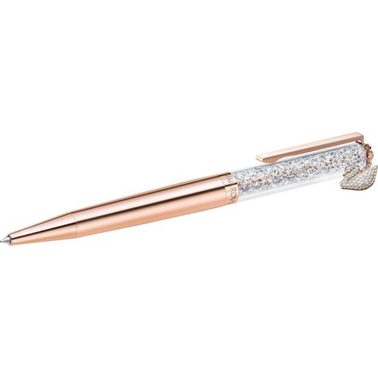 Deze slanke nieuwe toevoeging aan onze bestverkopende Crystalline-balpennencollectie is doordrenkt met kenmerkende Swarovski-sprankeling en voorzien van een Pointiage-versierd zwanenbedeltje. De pen is gevuld met honderden heldere kristallen middels de Crystalline-techniek en afgewerkt met een rosegoudkleurig reservoir en een clip. De pen wordt geleverd in een etui met een hoogwaardige inktvulling die kan worden vervangen. Een perfect cadeau voor Swarovski-liefhebbers.