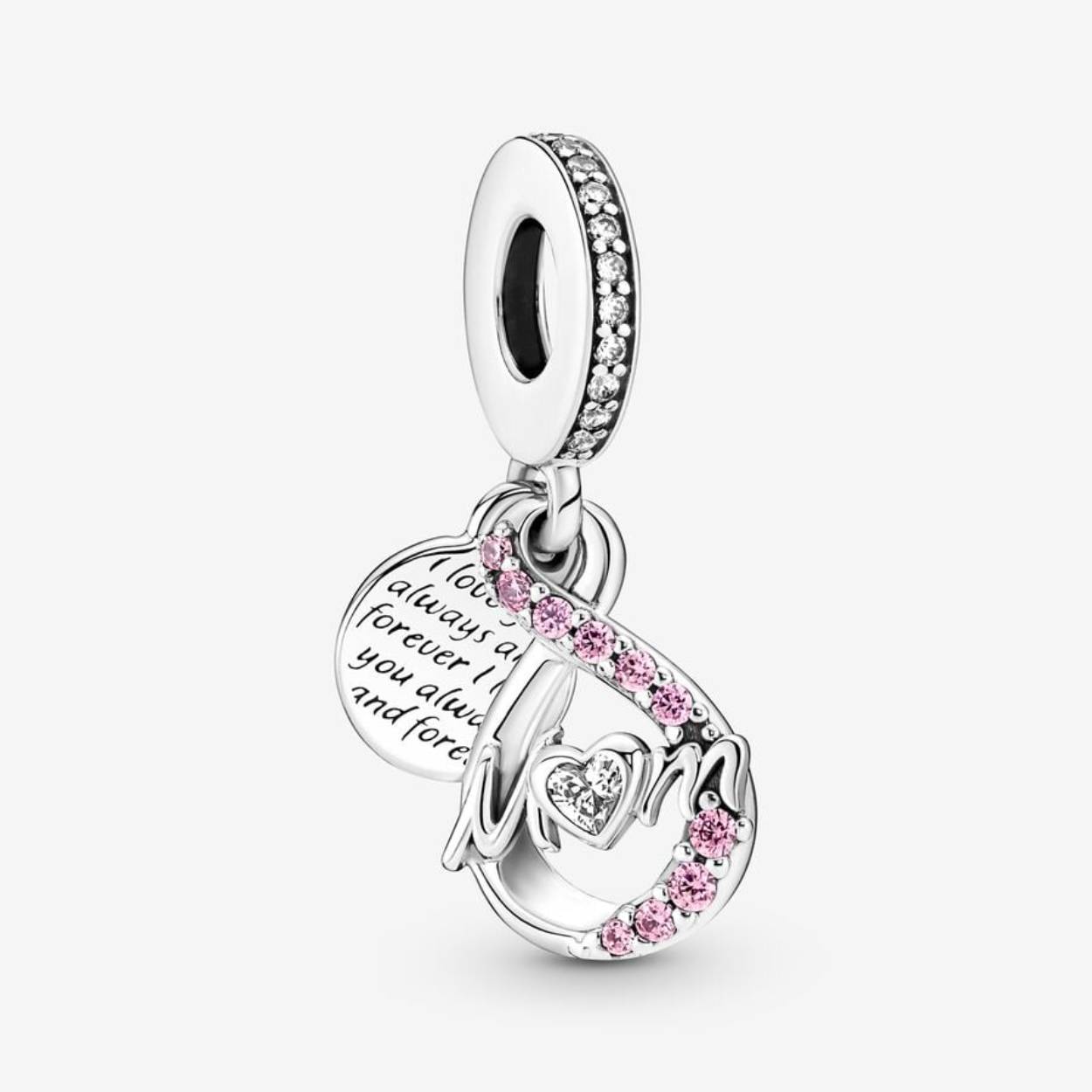 Vier de oneindige band tussen een moeder en haar kind met de Mum Infinity Pavé Double Dangle Charm. Deze bedel is een moderne uitvoering van een eeuwenoud symbool en is uitgevoerd met een roze zirkonia op een arm van het oneindigheidssymbool. De sterling zilveren hangende bedel is gegraveerd met een boodschap: 'I love you always and forever'. De perfecte manier om je moeder te bedanken dat ze er altijd voor je is.