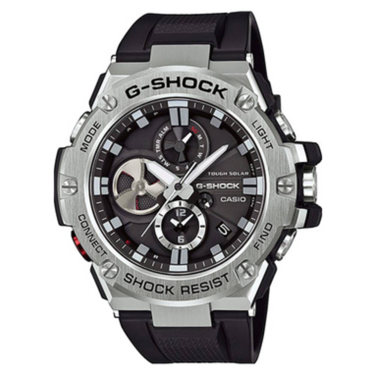 De G-Shock G-Steel GST-B100-1AER horloge, modelnummer MYI-GST-B100-1AER, biedt robuuste eigenschappen zoals een anti-allergische roestvrijstalen kast van 55 mm, datumfunctie en een zwart polsbandje. Dit polshorloge combineert stijl en functionaliteit, perfect voor dagelijks gebruik of speciale gelegenheden. Draag het met casual of formele outfits voor een moderne look.