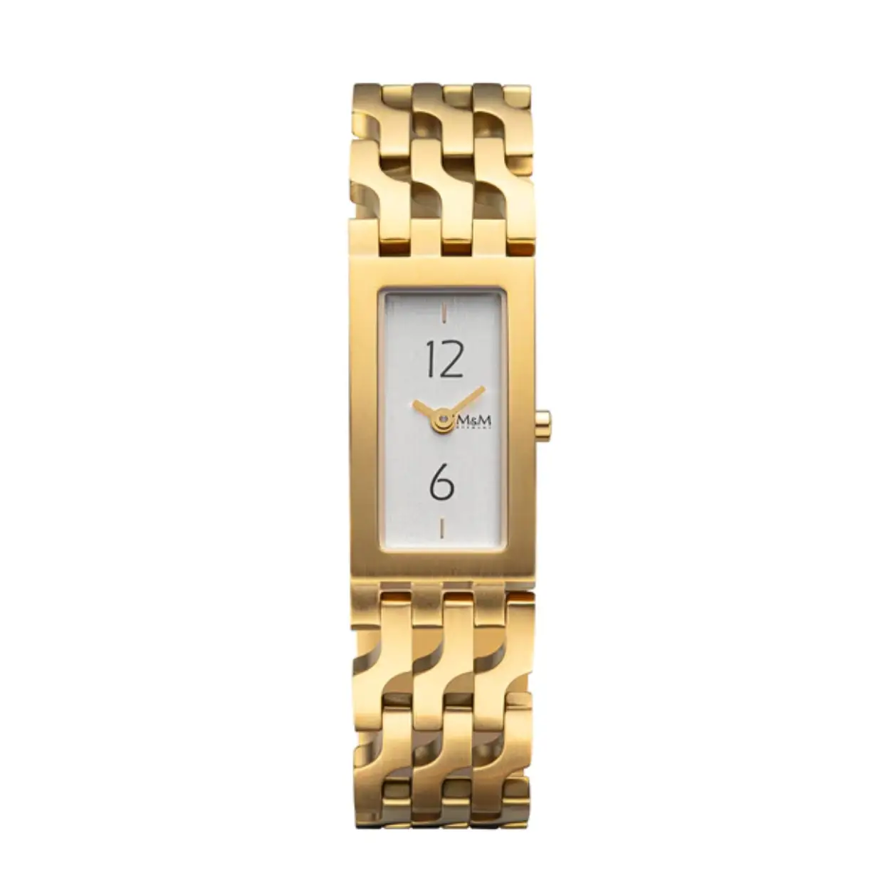 M&M M11967-213 heeft en double kast en band. De wijzerplaats heeft een zilver kleur en het uurwerk is een quartz uurwerk.