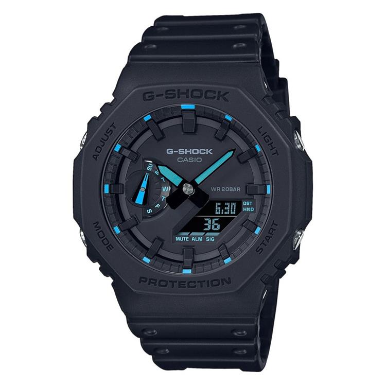 Dit is de GA-2100-1A2ER horloge van G-Shock. Het horloge heeft een Quartz uurwerk. De wijzerplaat is Zwart en is afgedekt met Mineraalglas. De kast is gemaakt van Kunststof en heeft een diameter van 48.5 mm. De band van het horloge is Zwart en gemaakt van Resin. 