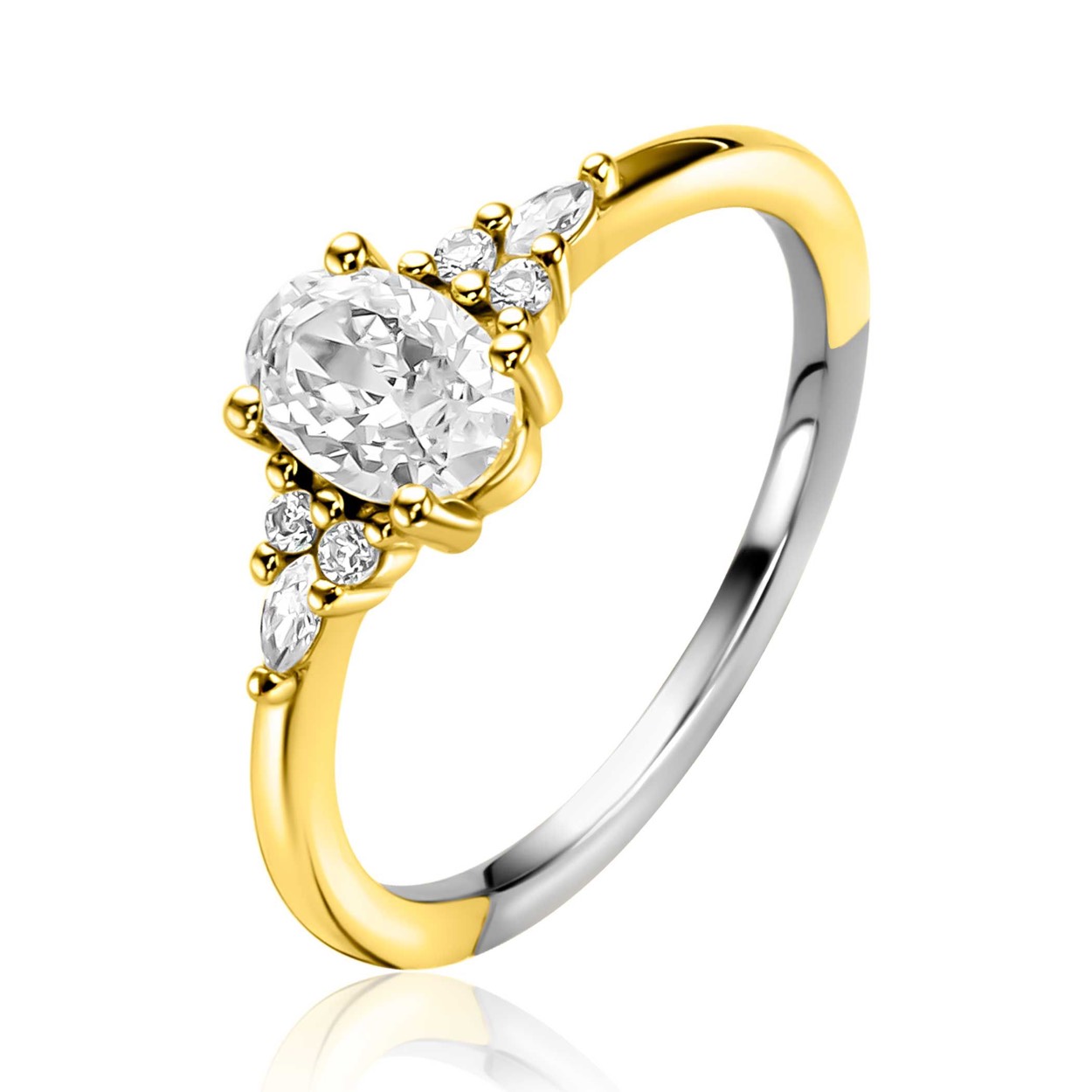 ZINZI gold plated zilveren verlovingsring met grote ovale witte zirkonia (7mm) en kleinere zirkonia's, met klein hartje aan de zijkant ZIR2698Y.