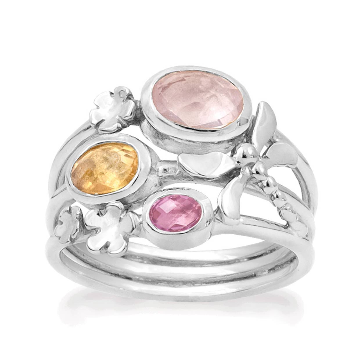 Zilveren Rabinovich ring Dragonfly met rozenkwarts, citrien en roze topaas. Maat 54
