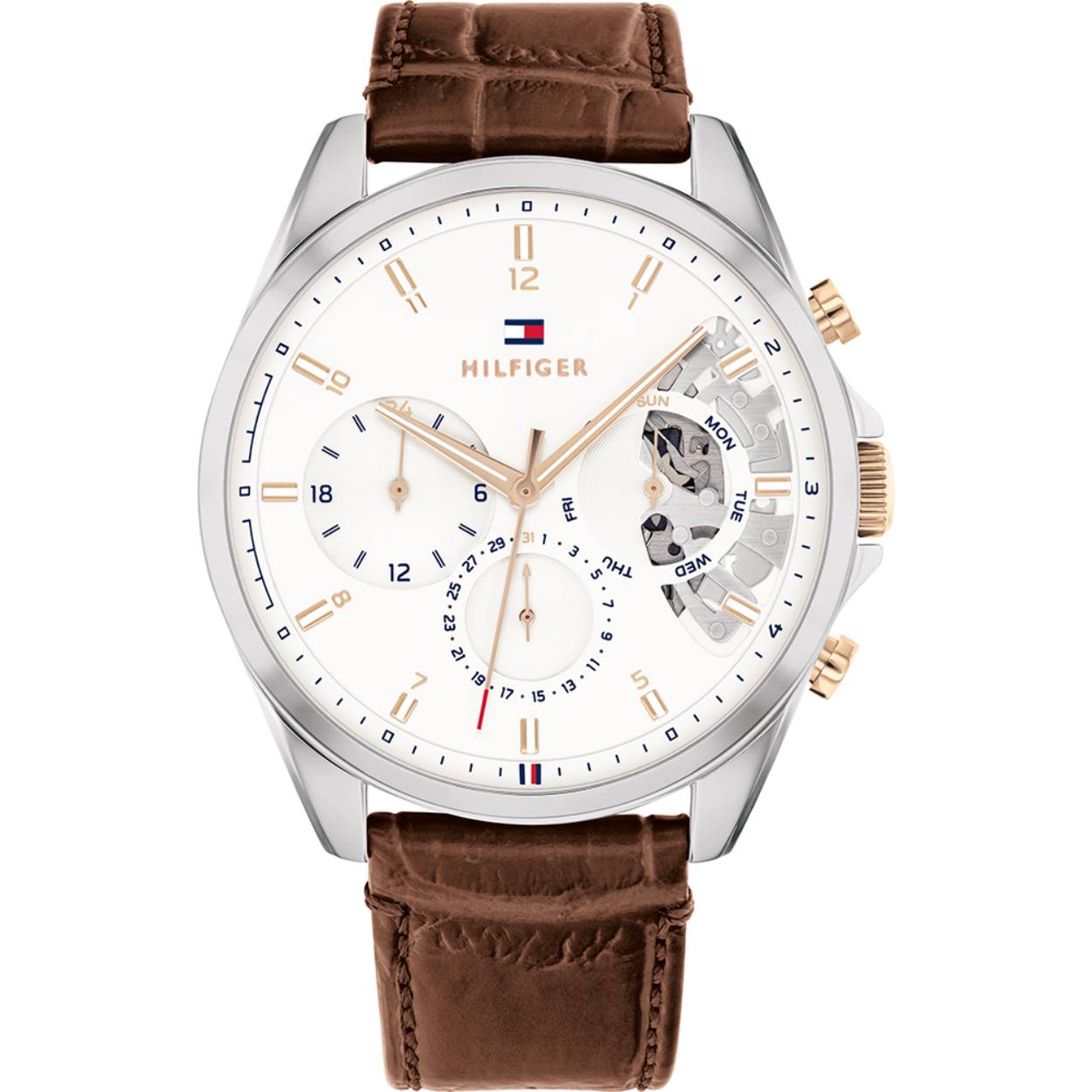 Dit trendy heren Tommy Hilfiger TH1710450 horloge beschikt over een Quartz uurwerk en een prachtige bruine band. De kleur van de ronde kast van dit herenhorloge is zilverkleurig. Het glas van dit horloge is gemaakt van sterk mineraalglas. Dit prachtige horloge van Tommy Hilfiger is gemaakt van edelstaal. De wijzerplaat is zilverkleurig.