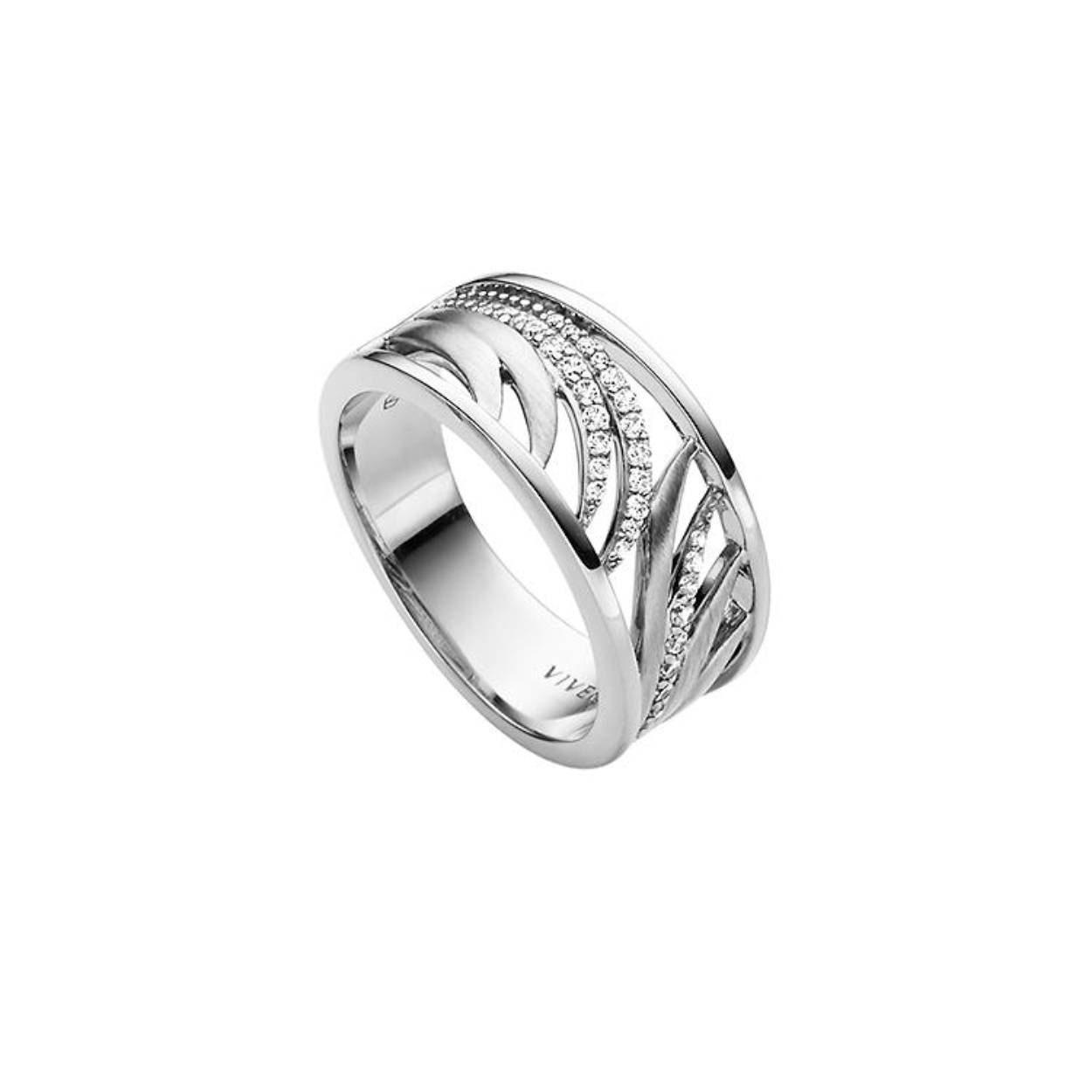Deze ring van Viventy is bezet met zirkonia's. Deel van de ring is glans en het andere deel is mat zilver.

De ring is maat 54, mocht u interesse hebben in een andere maat neem dan contact met ons op.