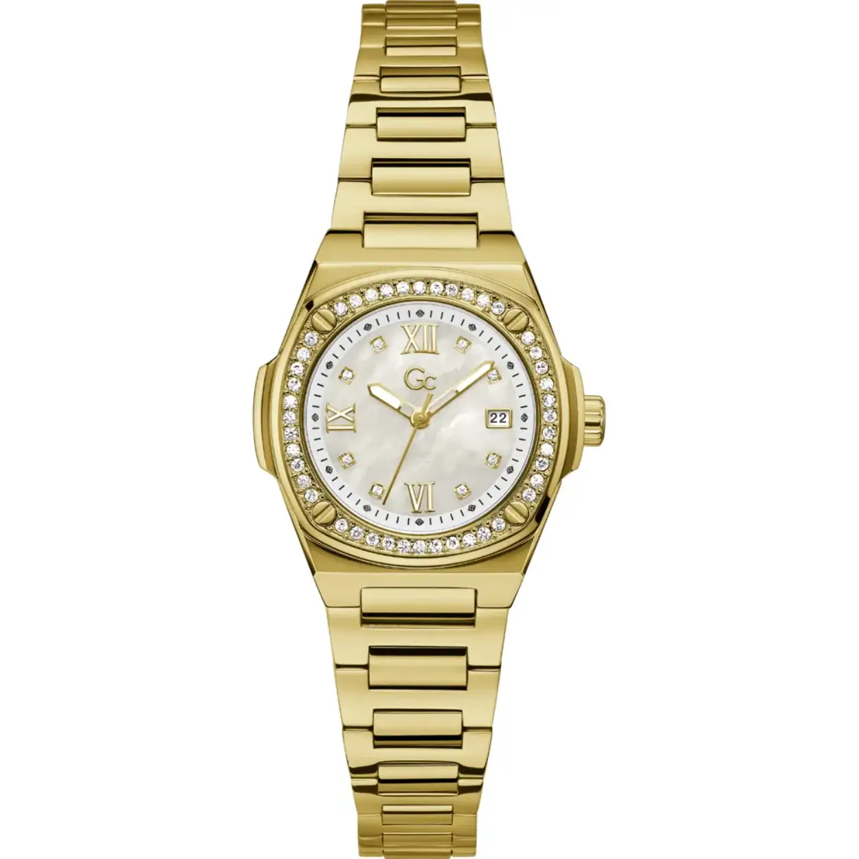 GC horloge met stalen band, bicolor 6kant+zirconias