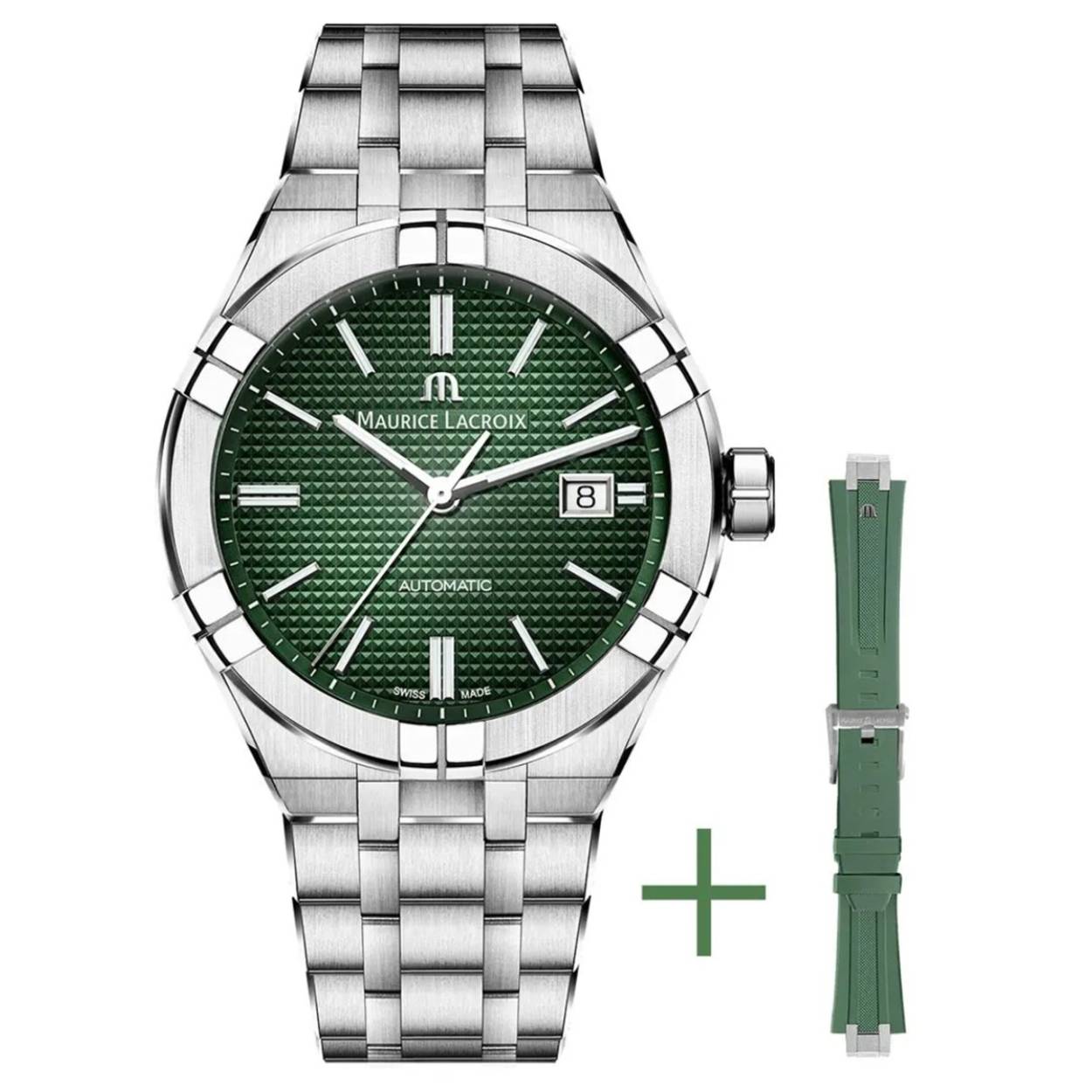 Dit herenhorloge is onderdeel van de Maurice Lacroix Aikon serie, een remake van de iconische Maurice Lacroix Calypso uit de jaren 90. Het zijn sportieve horloges, die in één oogopslag herkenbaar zijn vanwege hun stijlvolle design en prominent aanwezige lunet. Dit model is uitgevoerd met een platte edelstalen horlogekast (42 mm) en bijpassende schakelband met prachtige verfijnde en gematteerde schakels. Op de chique, groene wijzerplaat zijn een datumaanduiding en zilverkleurige indexcijfers te zien. Bij dit model wordt ook een groen rubberen band geleverd, die door het makkelijke wisselsysteem kan worden bevestigd door de eigenaar.

