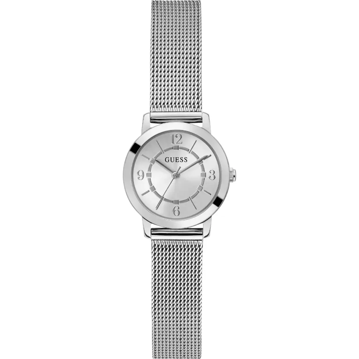 Dit Guess horloge heeft een kast gemaakt van Roestvrijstaal met een diameter van 28 mm en is voorzien van een milanese band. In de kast bevindt zich een kwaliteitsuurwerk en is afgewerkt met Mineraalglas.

Het horloge is 3ATM. Dit betekent dat het horloge spatwaterdicht is.. Verder wordt het horloge geleverd met 2 jaar garantie.