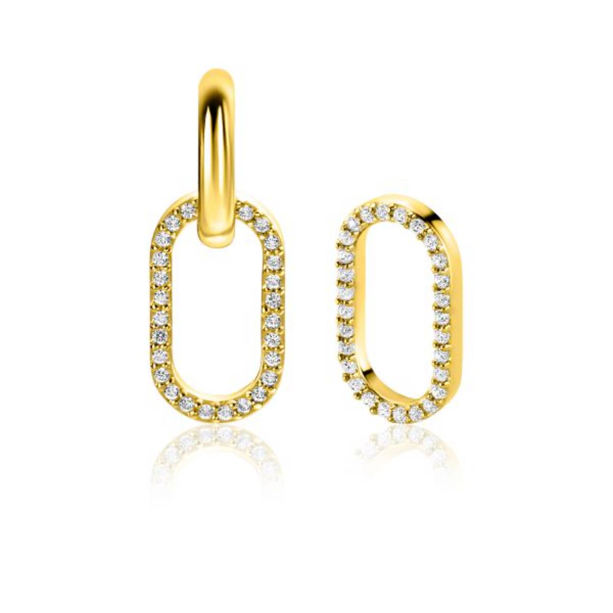 ZINZI gold plated zilveren oorbedels in ovale vorm (15mm), bezet met witte zirconia's. Hang deze oorbedels sierlijk aan je zilveren ZINZI oorringen. De oorringen zijn niet bij de prijs inbegrepen. Vervaardigd van eerste gehalte zilver (925) en extra geelverguld.