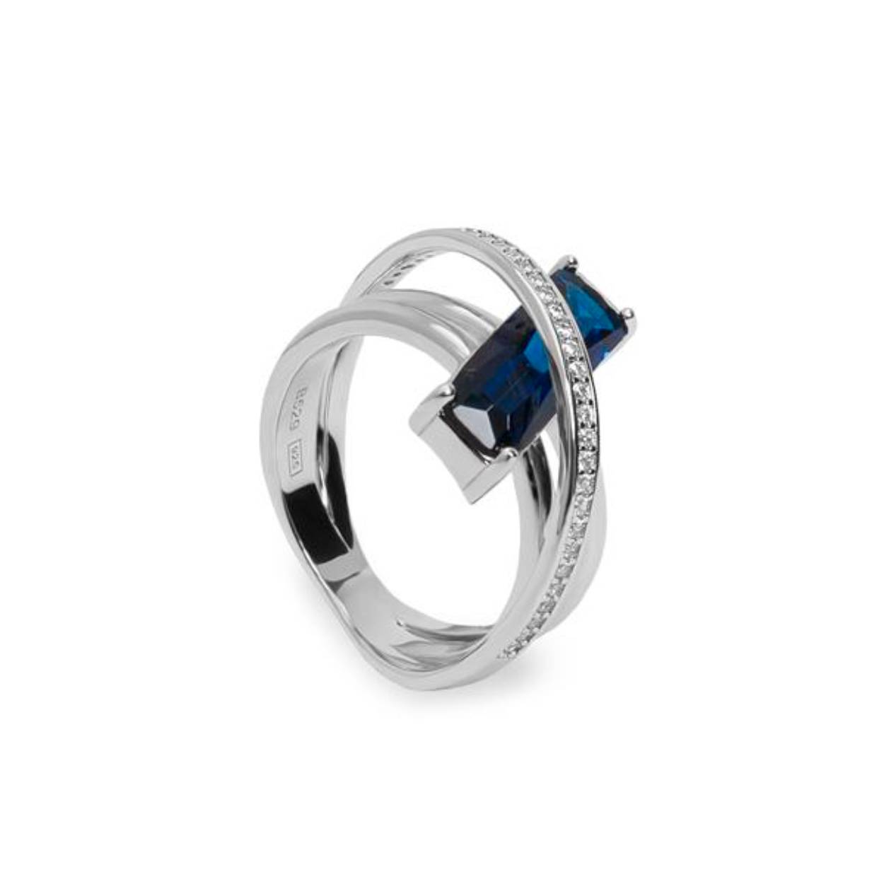 Zilveren gerodineerde ring met rechthoekige blauw zirkonia en baan met kleine zirkonia,s