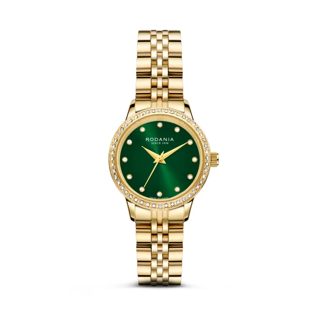 Dames horloge Rodania r10034 met goudkleurige band 
Steenjes rons de kast en groene wijzerplaat.