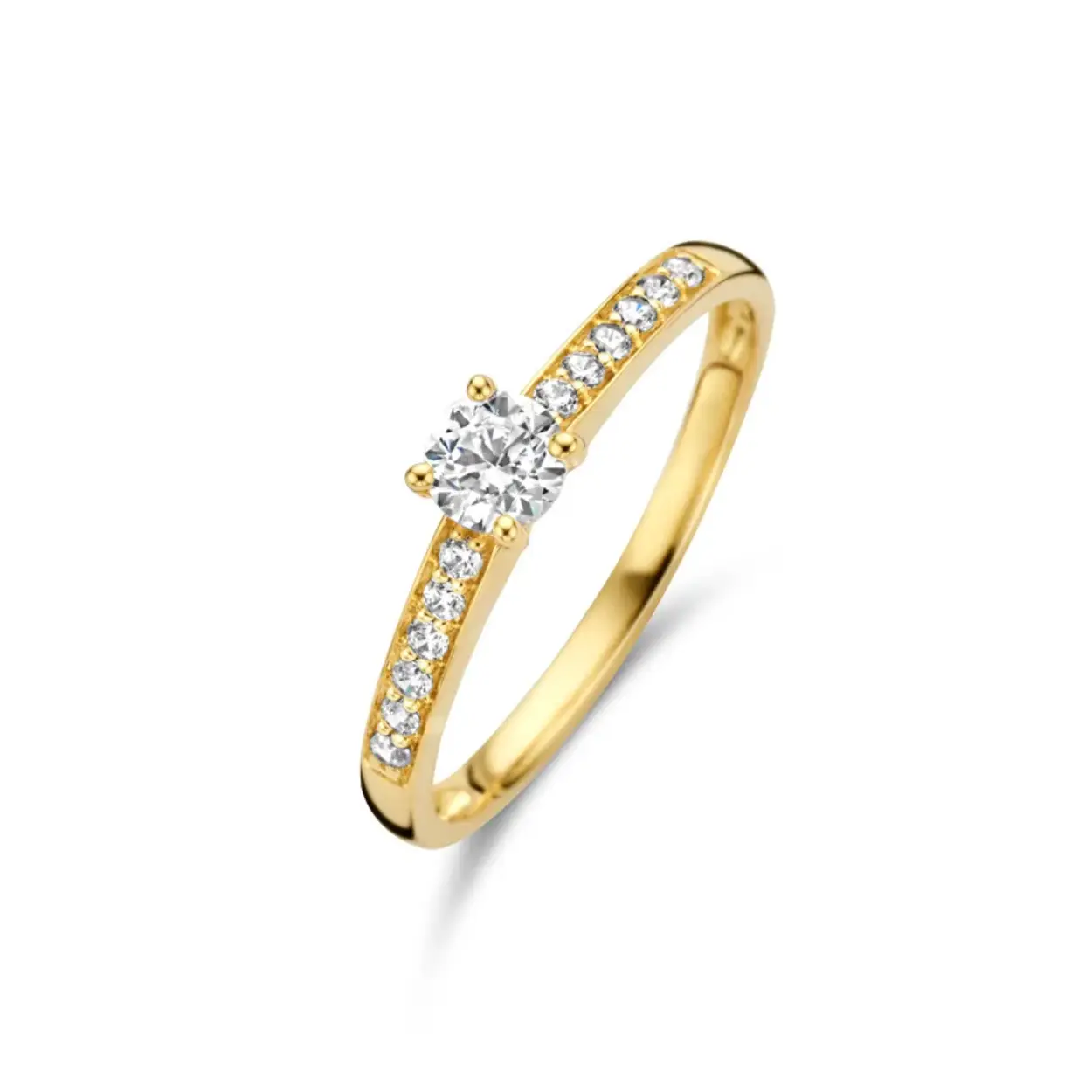 Gouden Solitaire Ring met Zijstenen en Zirkonia maat 56