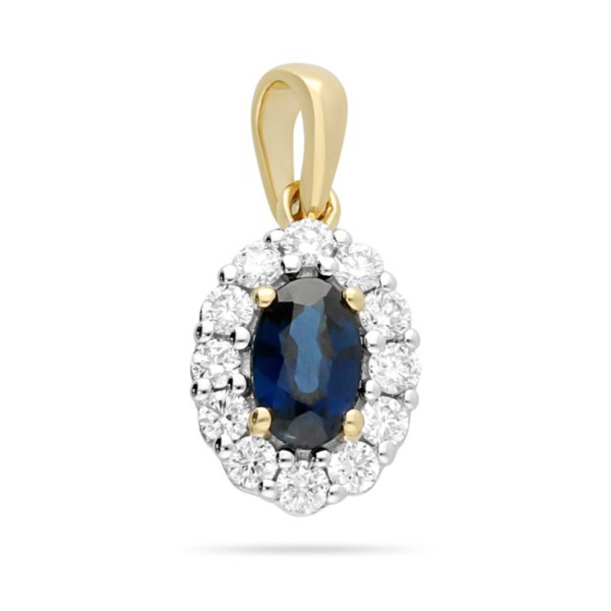 Deze prachtige hanger van 14 karaat geel goud is gezet met een 0.30 crt donker blauwe saffier met rondom briljant in totaal 0.15 crt