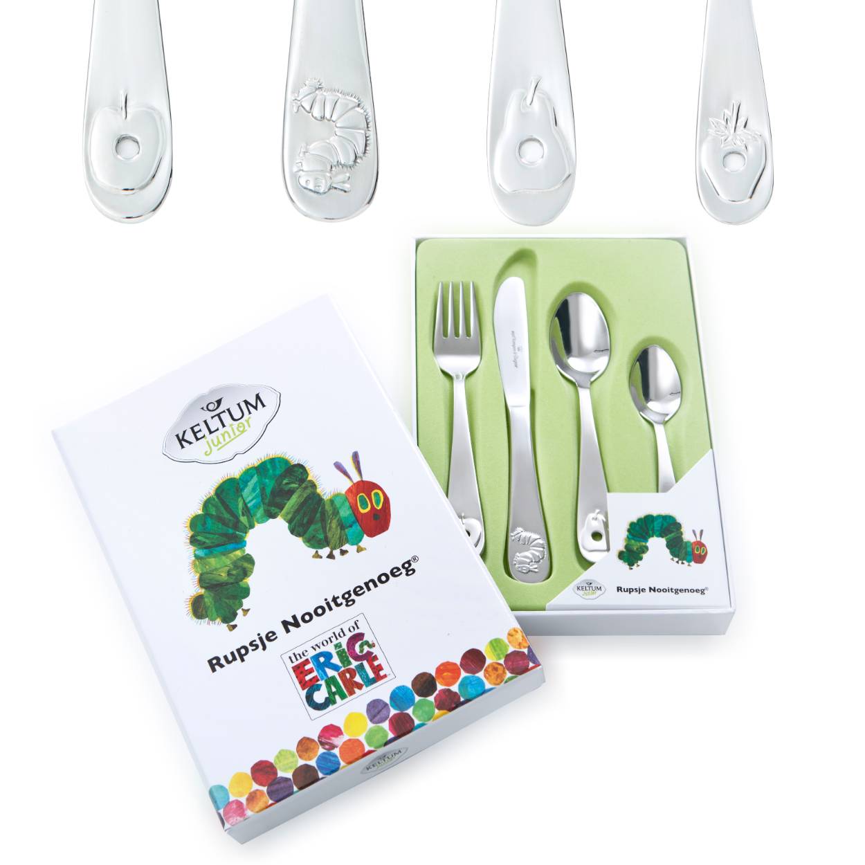 Rupsje Nooitgenoeg heeft honger. Hij eet maar door. Als alle blaadjes op zijn, begint hij aan taart, worst, snoep, fruit en chocolade. Elke dag van de week wordt hij een beetje dikker, totdat hij verschrikkelijke buikpijn krijgt. Hij bouwt een huisje om zich heen en aan het eind van de week komt hij er weer uit als een prachtige vlinder! Het 4-delige bestekset van Keltum Junior is vervaardigd uit edelstaal en kan in de vaatwasser. De bestekonderdelen zijn geschikt om te worden gegraveerd. Leuk als kraam-, verjaardagscadeau of een andere gelegenheid. De bestekset wordt geleverd in een bijpassende geschenkverpakking. Afmeting: vork: 17 cm, mes: 18 cm, eetlepel: 17 cm, dessertlepel: 13 cm. U kunt één naam gratis laten graveren. De vork en de lepels zullen aan de achterkant gegraveerd worden. De gravure kunt u vermelden in het opmerkingenveld tijdens het bestelproces. Gegraveerde artikelen kunnen niet worden geruild.