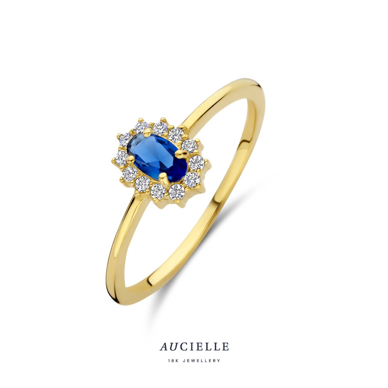 Aucielle ring goud 18k, entourage blauw cz