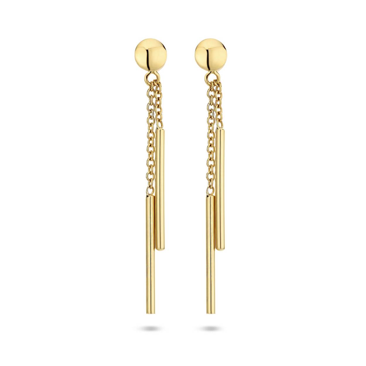 >14k Geelgouden oorhangers uitgevoerd met twee staafjes van 16.5x1.3mm. De oorhangers hebben een totale hoogte van 35mm