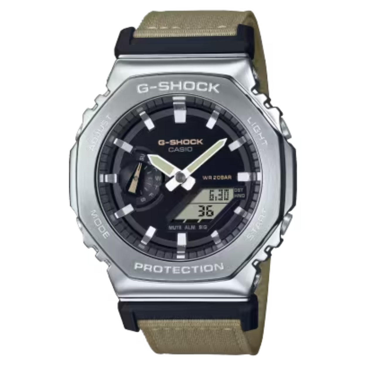 Maak een statement met een G-SHOCK uit de UTILITY metal-collectie. Deze innovatieve horloges combineren de iconische achthoekige vorm en de metalen kast van de GM-2100-serie met een casual band van textiel in een actuele kleur die past bij elke outfit. Het opvallende contrast van metaal en textiel zorgt voor een robuuste casual stijl.