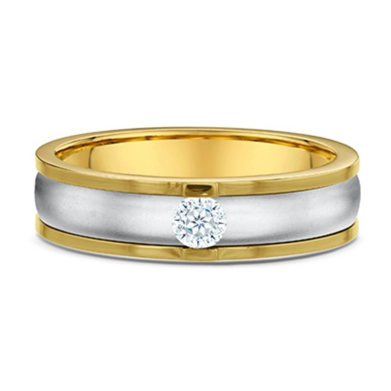 14 karaat bicolor trouwringen, geel/wit, 6.5mm breed de damesring heeft een 0.25crt diamant