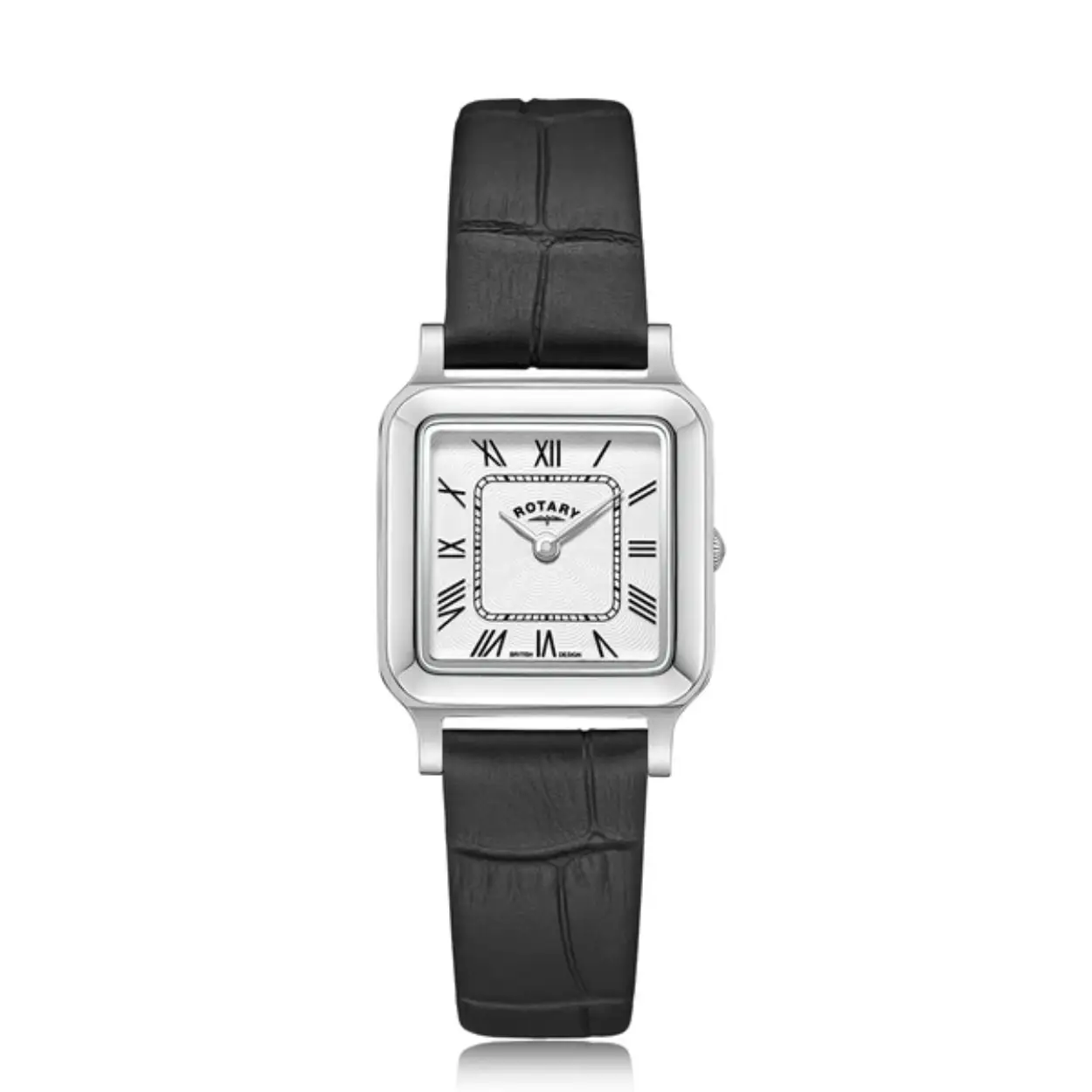 Een klassiek horloge van het merk Rotary, het vierkante model heeft een stalen kast en een zwarte leren band met croco bewerking. DE=e witte guilloché wijzerplaat heeft zilverkleurige indexen en wijzers. Het horloge is voorzien van saffier glas en is 5atm waterdicht.