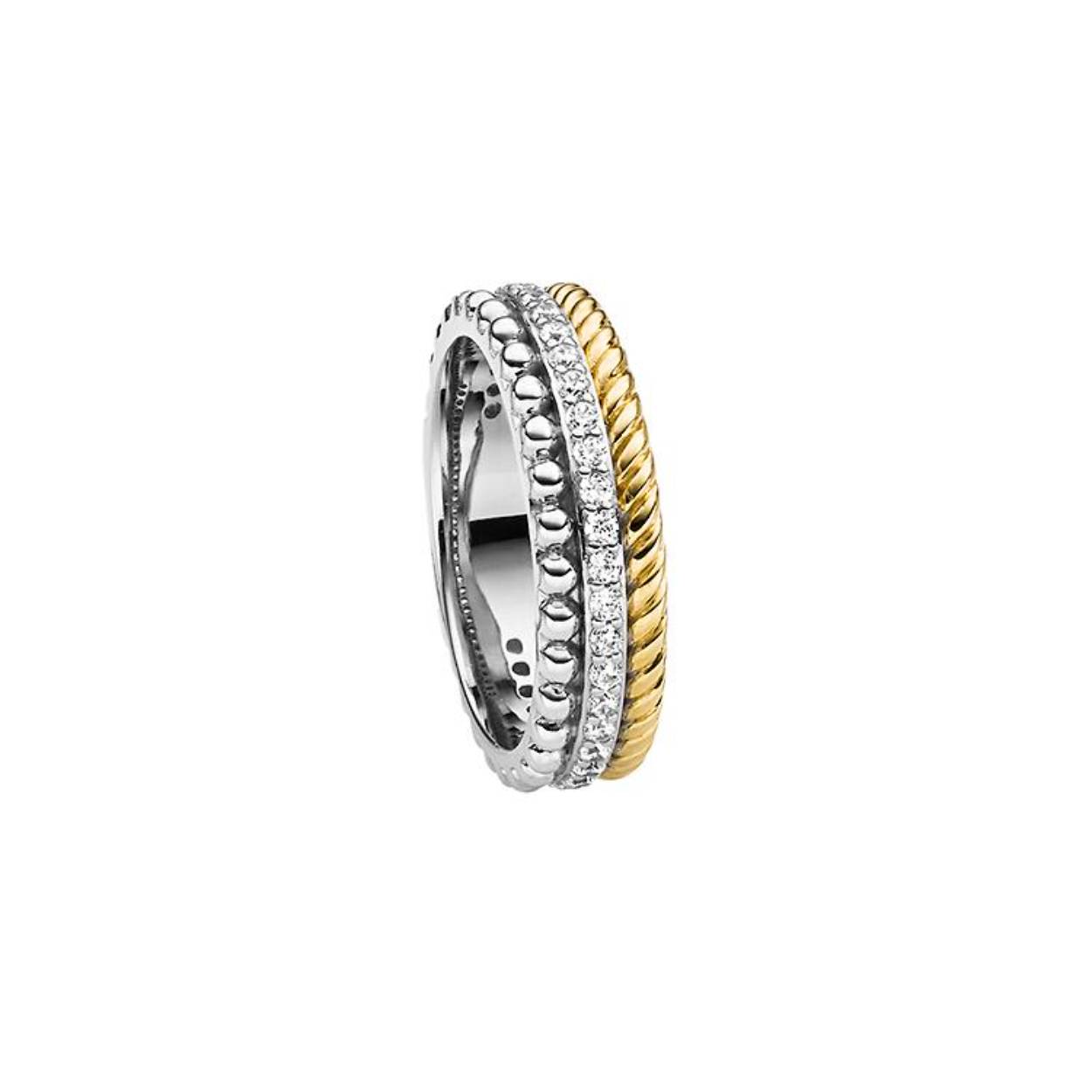 Deze zilveren bicolor ring is bezet met zirkonia's en oorzien van een extra 14K geel vergulding. Combineer deze ring met bijpassende oorsieraden en ketting. 