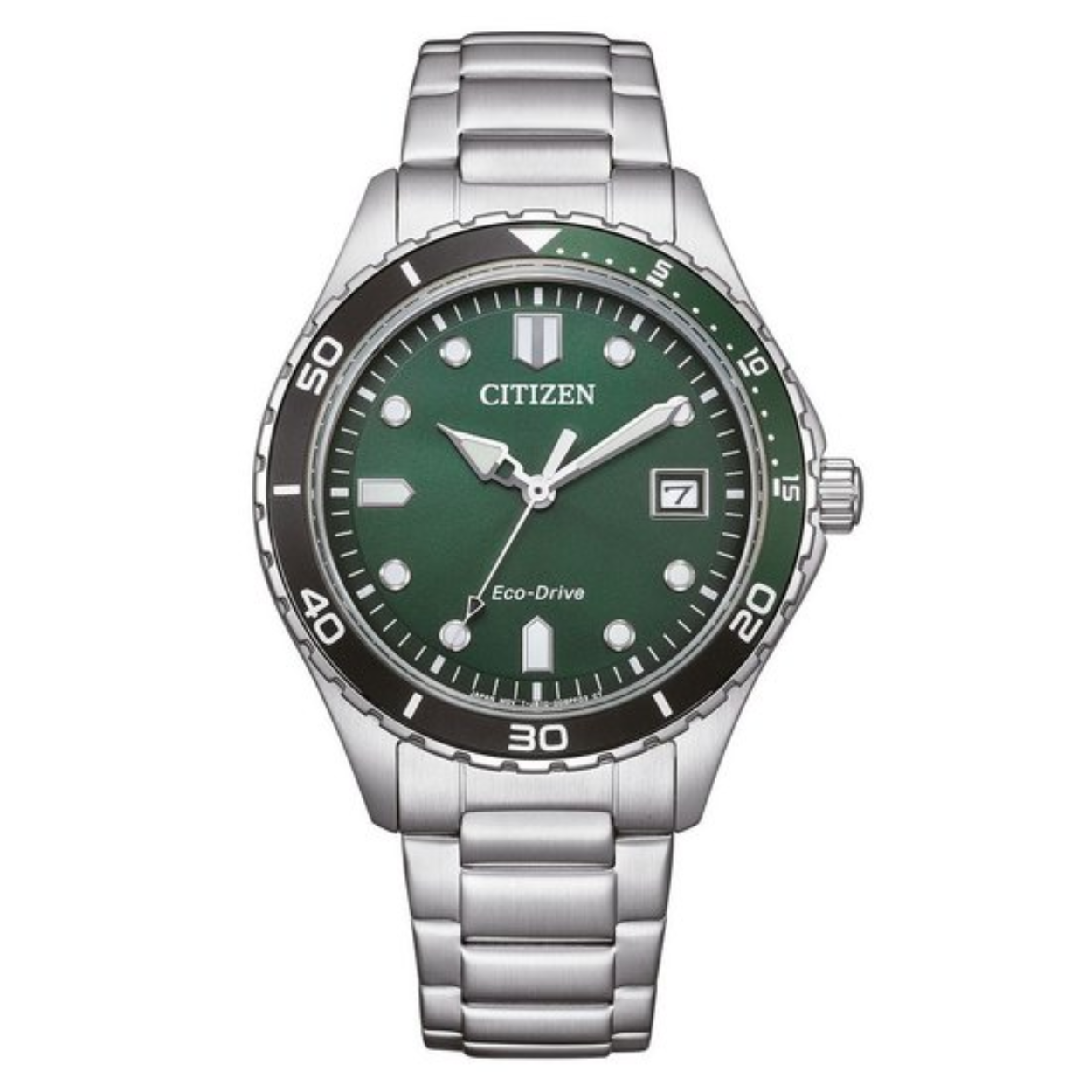 Het sportieve dameshorloge AW1828-80X in duikersstijl maakt indruk met een roestvrijstalen kast en armband, kristalglas en een groene wijzerplaat met verlichte wijzers en indexen. The caliber J810 with Eco-Drive power system (Ring Solar) guarantees a long-lasting energy supply. The watch also has a date display, battery discharge display and is water-resistant up to 10 bar. With a case diameter of 36.8 mm and a strap lug of 18 mm, this watch is elegant and also functional.