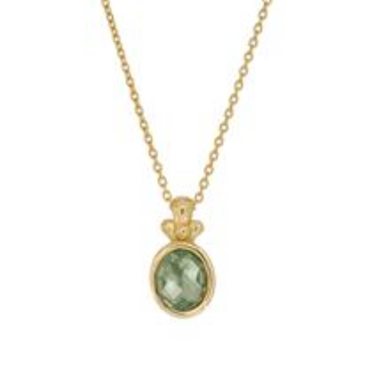 Deze geel goud vergulde ketting kan zowel op 42 als op 45 cm gedragen worden. De hanger bevat een groene kwarts steen van 10 x 8 mm.
