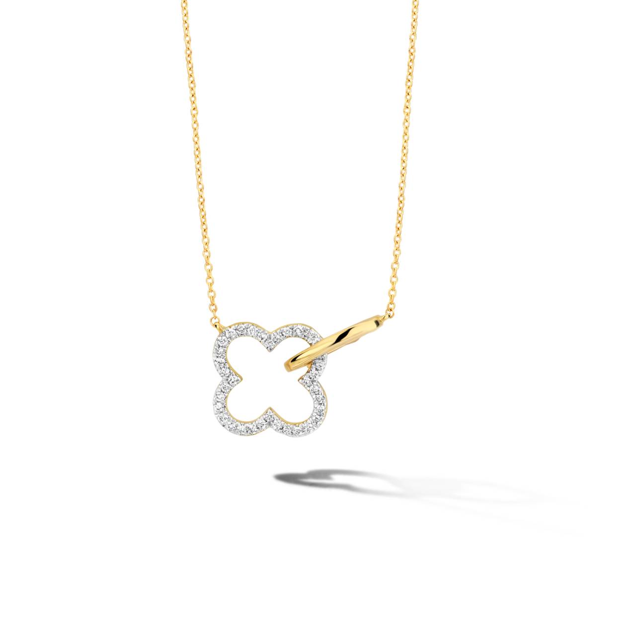 Mooie ketting met hanger in geel goud en diamant.
18kt gg/brilj.0.10ct