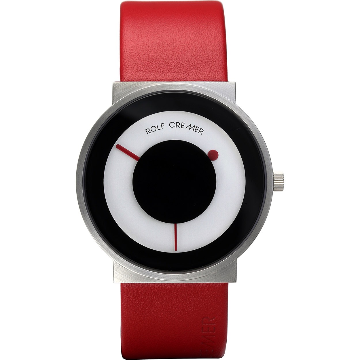 Een stalen horloge met rood leren band.