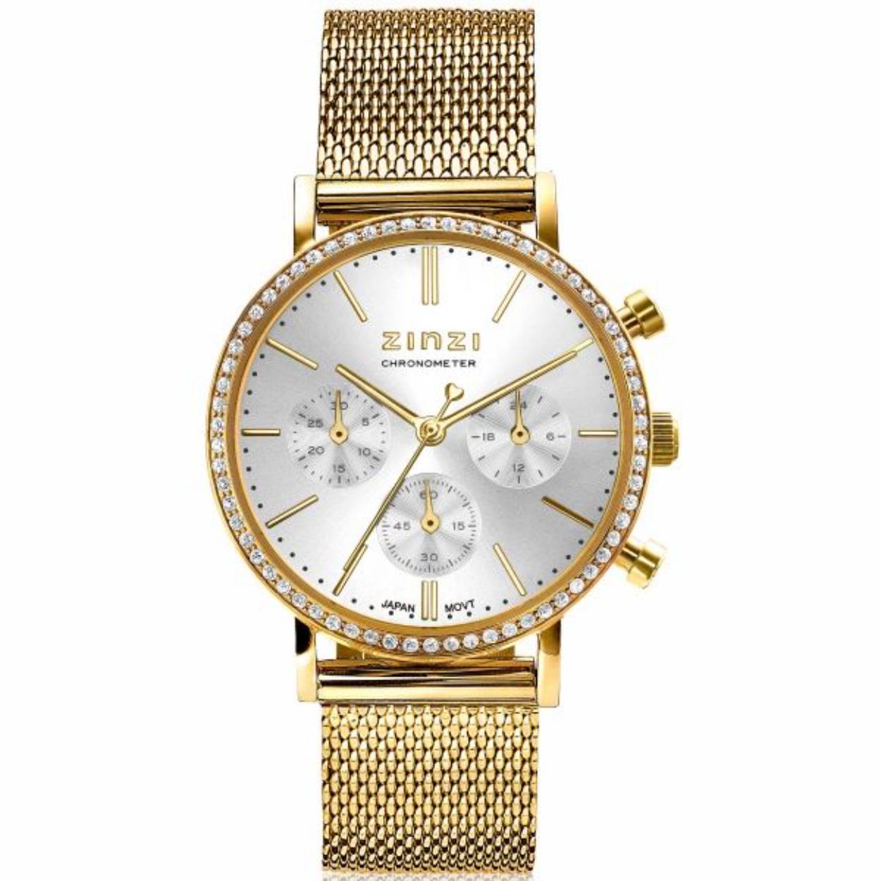 Dit nieuwe Zinzi Chronometer horloge (36mm) is een sportieve eyecatcher. De rand van de geelgoudkleurige ronde kast is bezet met witte crystals en op de zilverkleurige 'sunray' wijzerplaat sieren 3 chronograph meters . De stopwatch is makkelijk te bedienen en geeft het horloge een stoere uitstraling. Deze 'Chrono Grace' is voorzien van een trendy stalen mesh band in de kleur goud. Ook 5atm waterbestendig (tegen regen en spatwater) en met sterk mineraal glas.