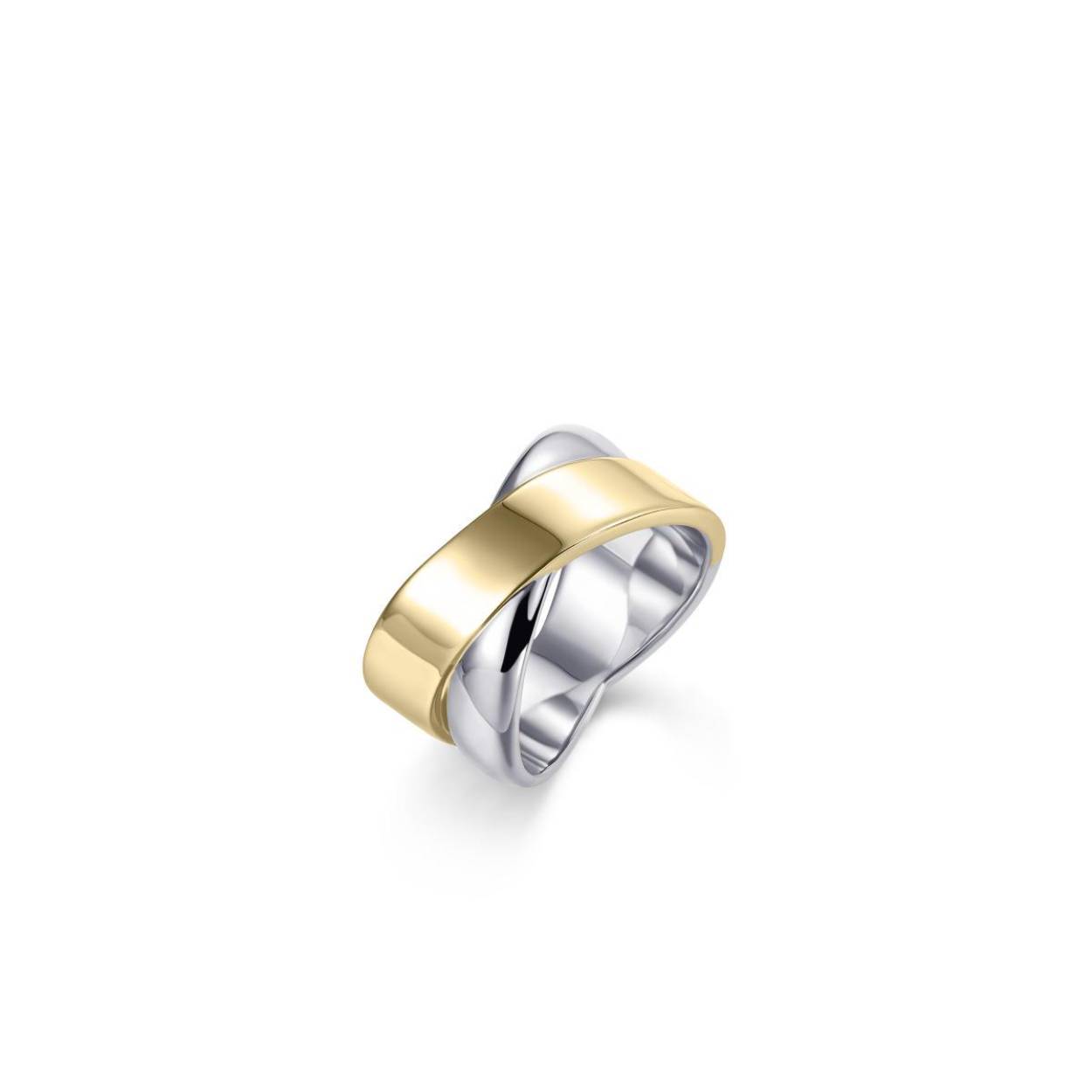 Luxe zilveren cross over ring, deels geelgoud verguld, maat 58 en verkrijgbaar in diverse andere maten.